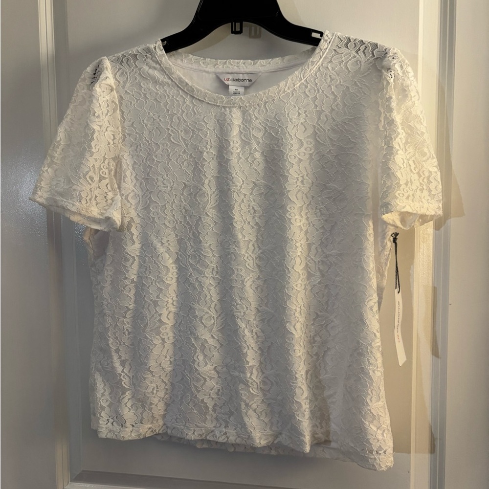 Women’s Liz Claiborne White Lace Textured Short-Sleeve Top sz Med NWT